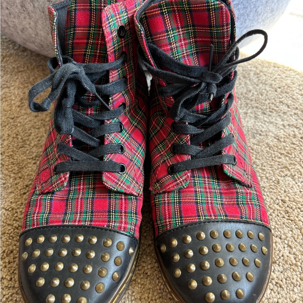 Dr. Martens Black and Red Plaid studded hightops